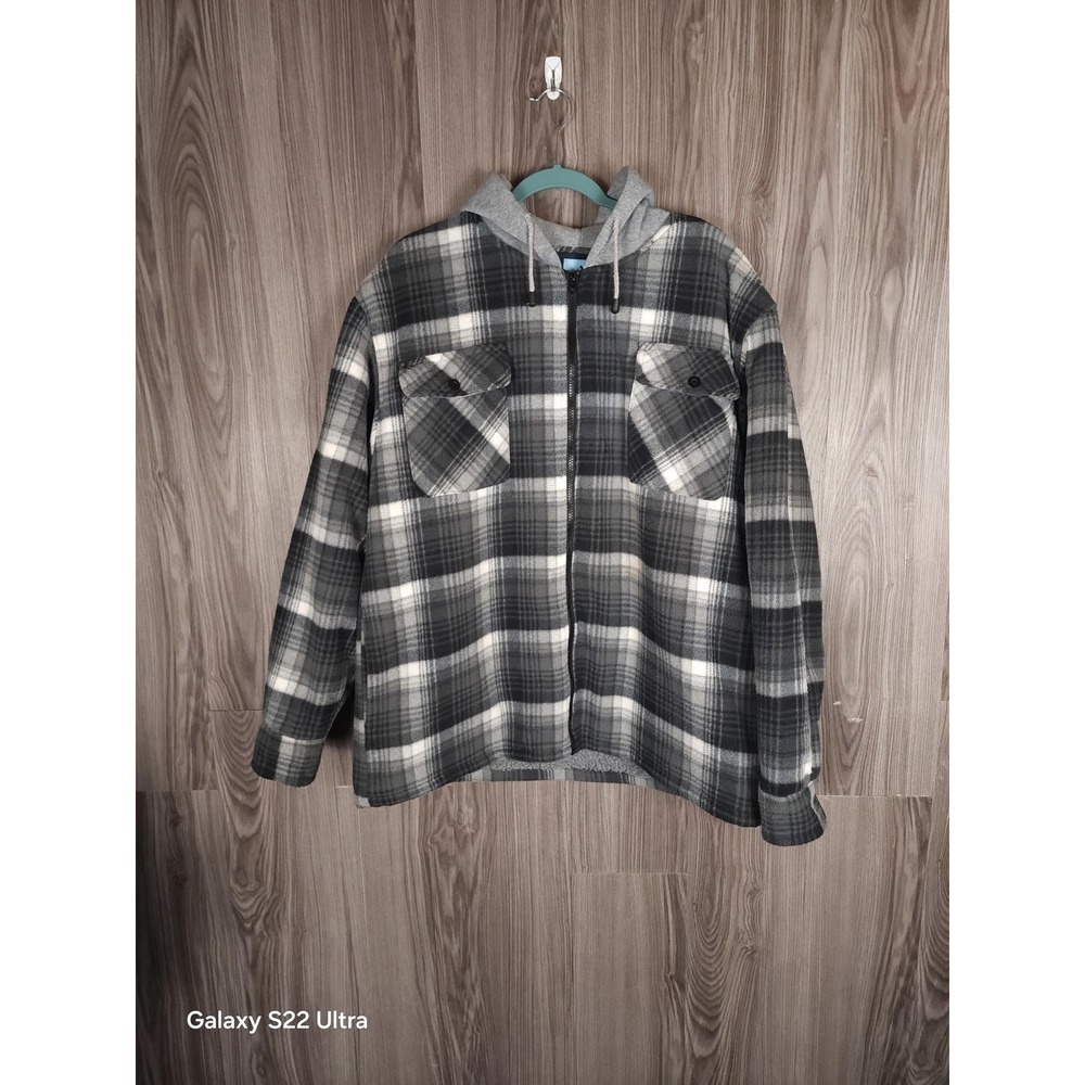 Iceburg Outerwear Mens Plaid Hooded Flannel Jacket Grey Black Fleece Lined Zip M